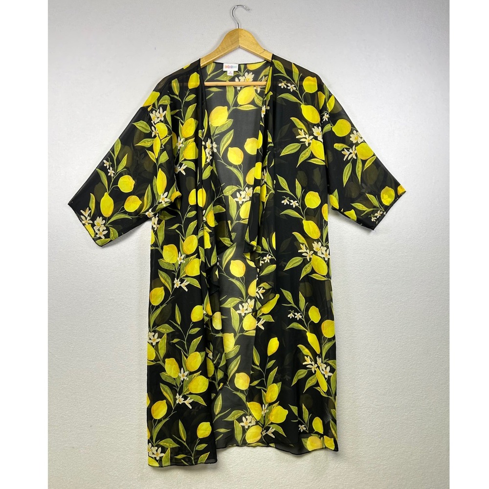LuLaRoe Black Lemon Print Sheer Kimono Duster Cardigan Women's Size M